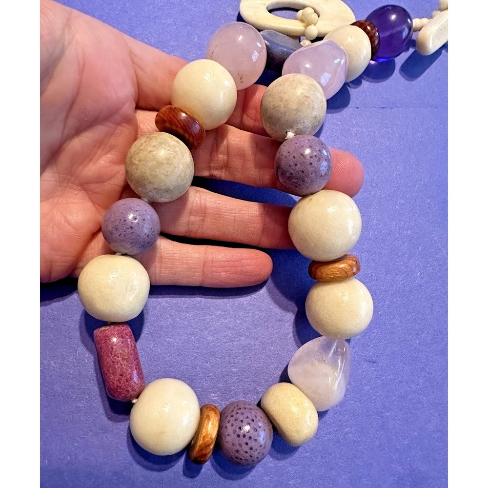 Chunky‎ Gemstone Necklace Rose Quartz Purple Cream Toggle Stunning Choker 16"